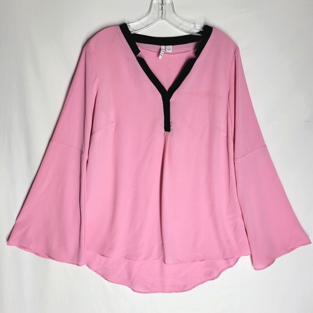 Elle Women's Blouse Size Small Pink Sheer Bell Sleeves V Neck